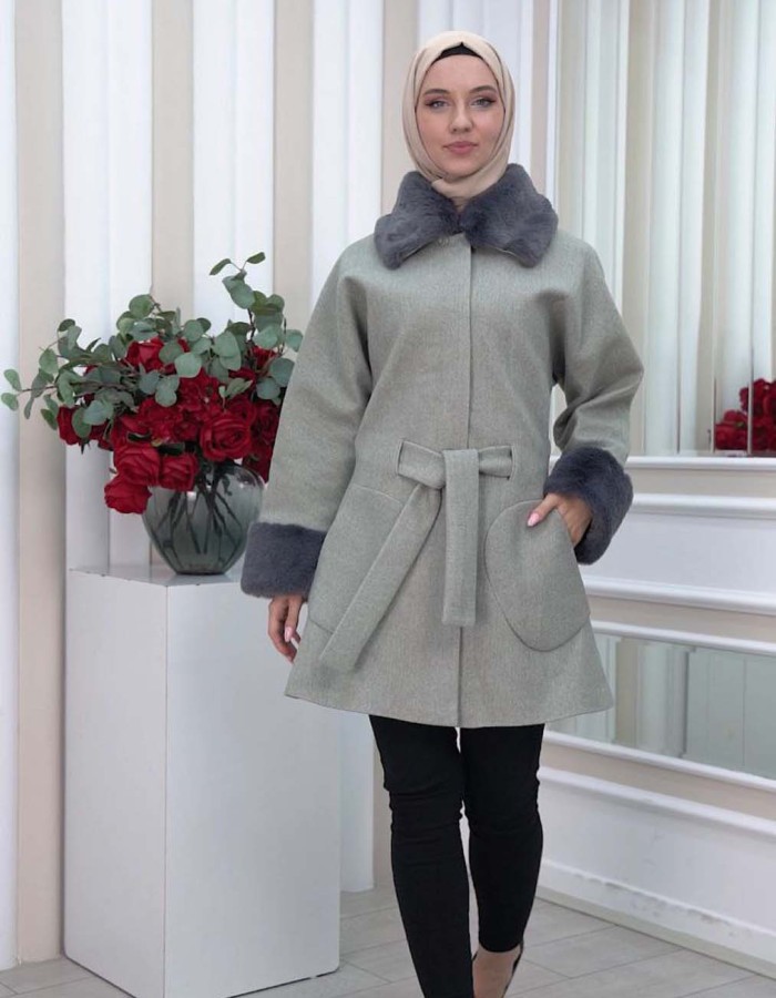 WOMENS FURNITURE SHORT COAT WITH FURNITURE Collar and Cuffs 1335 - gray