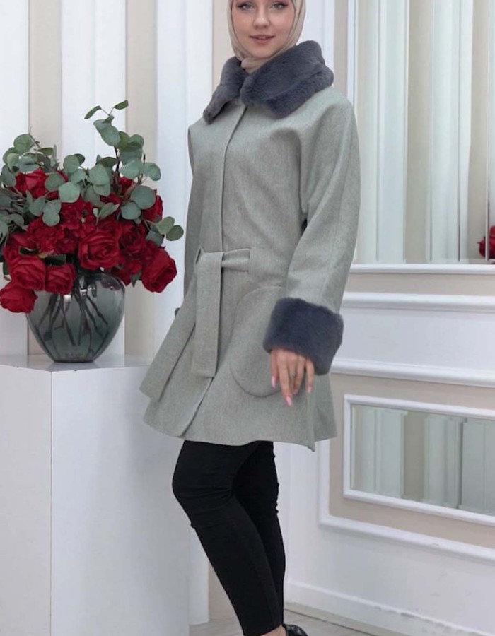 WOMENS FURNITURE SHORT COAT WITH FURNITURE Collar and Cuffs 1335 - gray