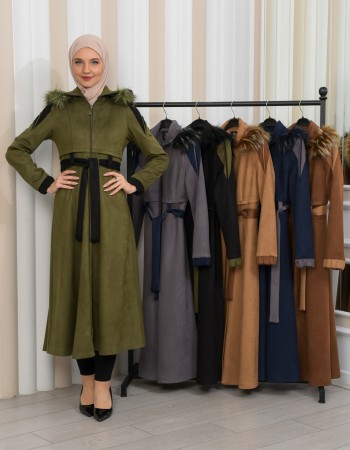 Long Suede Coat with Fur Hood 1341 - khaki