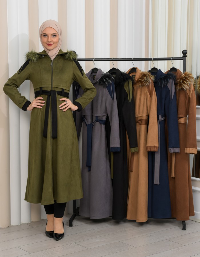 Hooded Fur Detailed Suede Trench Coat 1341 - khaki