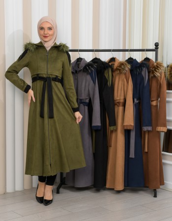 Long Suede Coat with Fur Hood 1341 - khaki