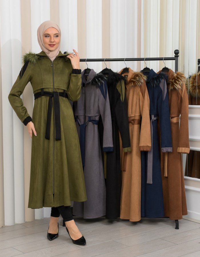 Hooded Fur Detailed Suede Trench Coat 1341 - khaki