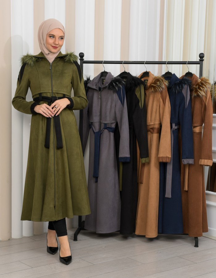 Hooded Fur Detailed Suede Trench Coat 1341 - khaki