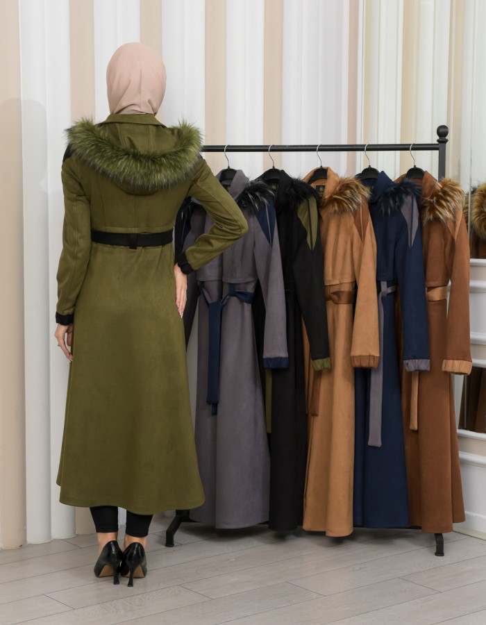 Hooded Fur Detailed Suede Trench Coat 1341 - khaki