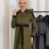 Hooded Fur Detailed Suede Trench Coat 1341 - khaki