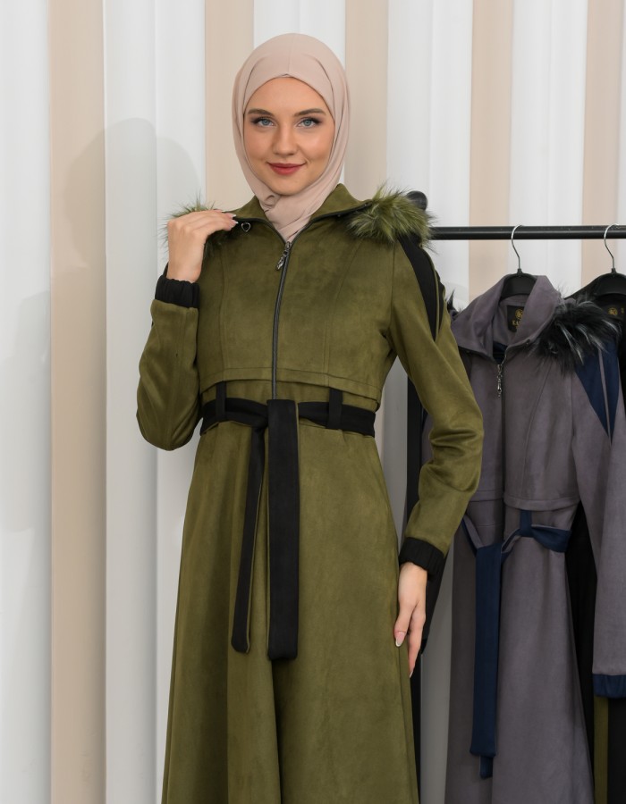 Hooded Fur Detailed Suede Trench Coat 1341 - khaki