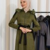 Hooded Fur Detailed Suede Trench Coat 1341 - khaki