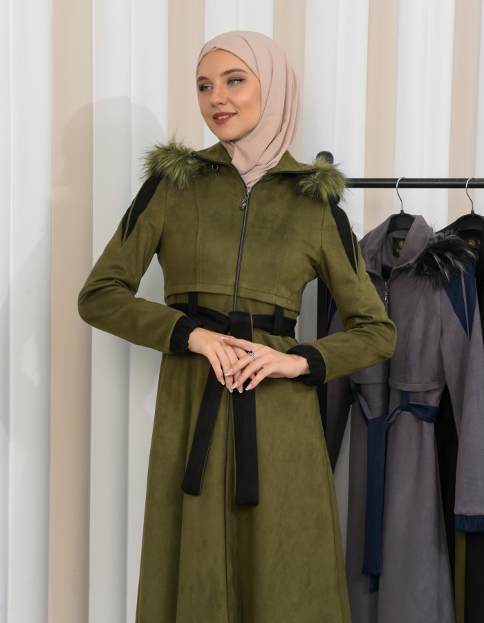 Hooded Fur Detailed Suede Trench Coat 1341 - khaki
