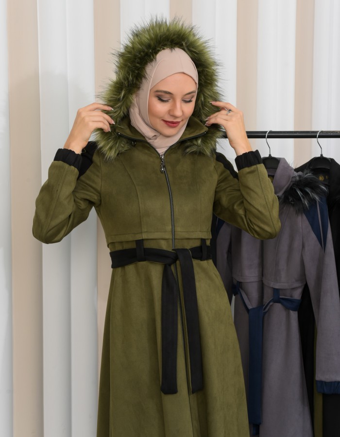 Hooded Fur Detailed Suede Trench Coat 1341 - khaki