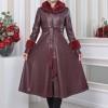 HOODED FUR SLEEVE BELT LEATHER TRENCH COAT 1350 - burgundy