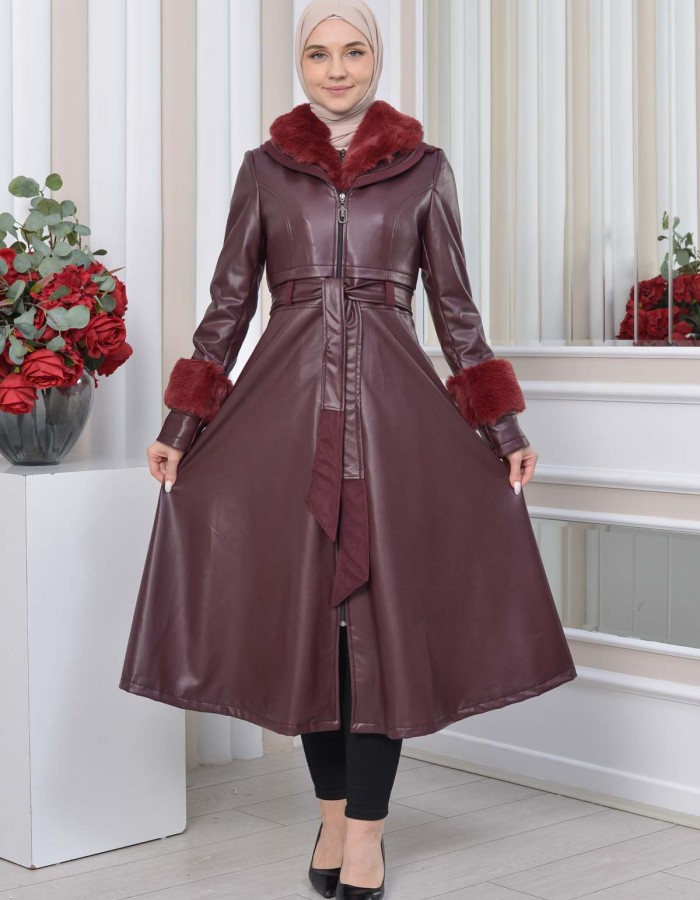 HOODED FUR SLEEVE BELT LEATHER TRENCH COAT 1350 - burgundy