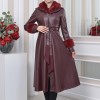 HOODED FUR SLEEVE BELT LEATHER TRENCH COAT 1350 - burgundy