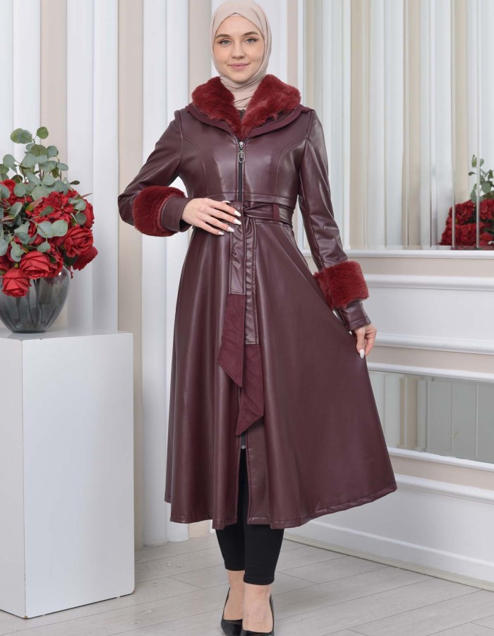 HOODED FUR SLEEVE BELT LEATHER TRENCH COAT 1350 - burgundy
