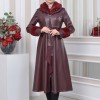 HOODED FUR SLEEVE BELT LEATHER TRENCH COAT 1350 - burgundy