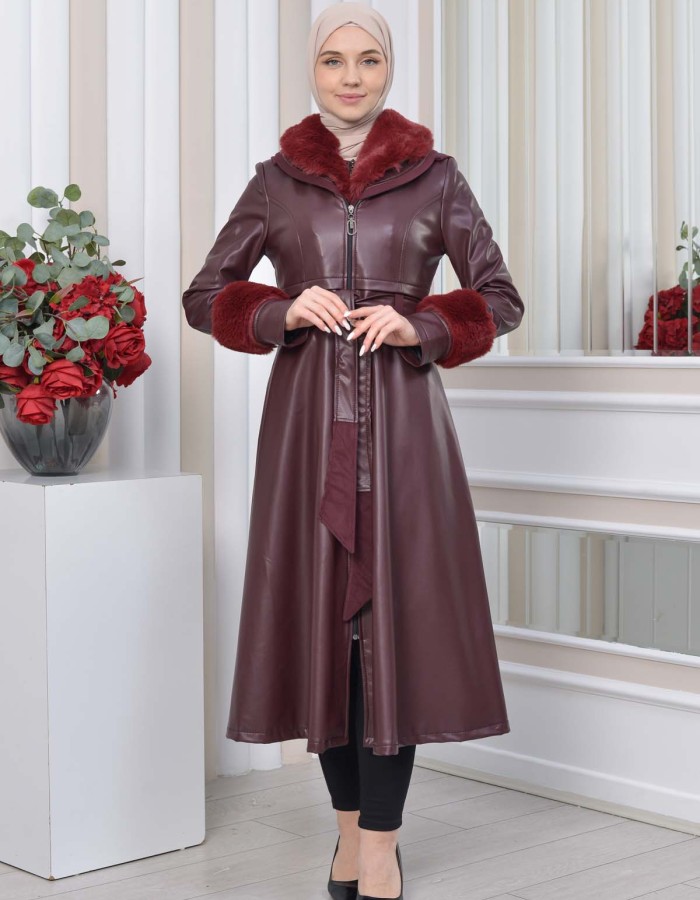 HOODED FUR SLEEVE BELT LEATHER TRENCH COAT 1350 - burgundy