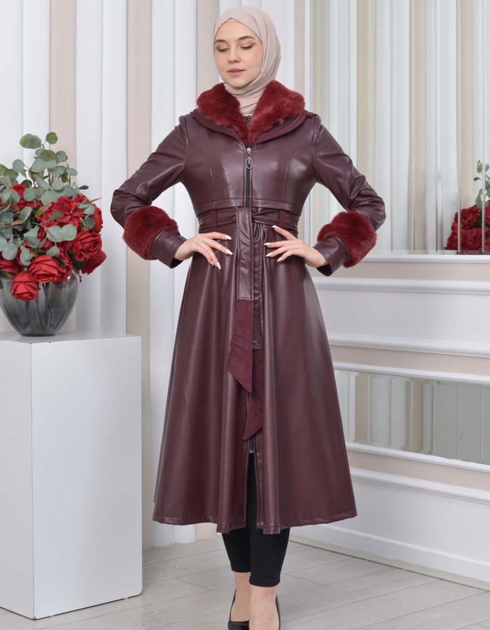 HOODED FUR SLEEVE BELT LEATHER TRENCH COAT 1350 - burgundy