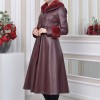 HOODED FUR SLEEVE BELT LEATHER TRENCH COAT 1350 - burgundy