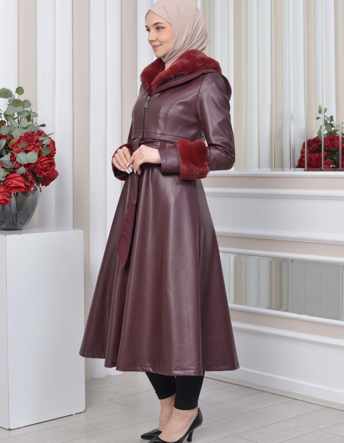 HOODED FUR SLEEVE BELT LEATHER TRENCH COAT 1350 - burgundy