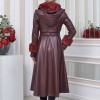 HOODED FUR SLEEVE BELT LEATHER TRENCH COAT 1350 - burgundy