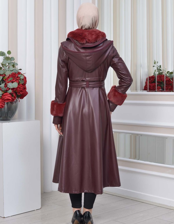 HOODED FUR SLEEVE BELT LEATHER TRENCH COAT 1350 - burgundy