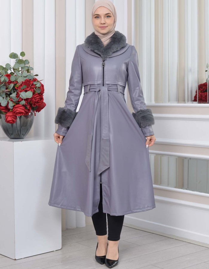 HOODED FUR SLEEVE BELT LEATHER TRENCH COAT 1350 - gray
