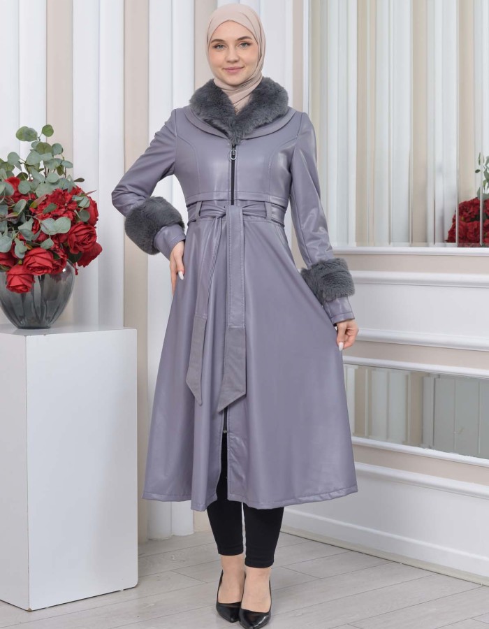 HOODED FUR SLEEVE BELT LEATHER TRENCH COAT 1350 - gray
