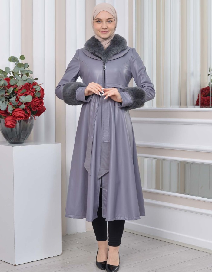HOODED FUR SLEEVE BELT LEATHER TRENCH COAT 1350 - gray