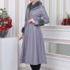HOODED FUR SLEEVE BELT LEATHER TRENCH COAT 1350 - gray