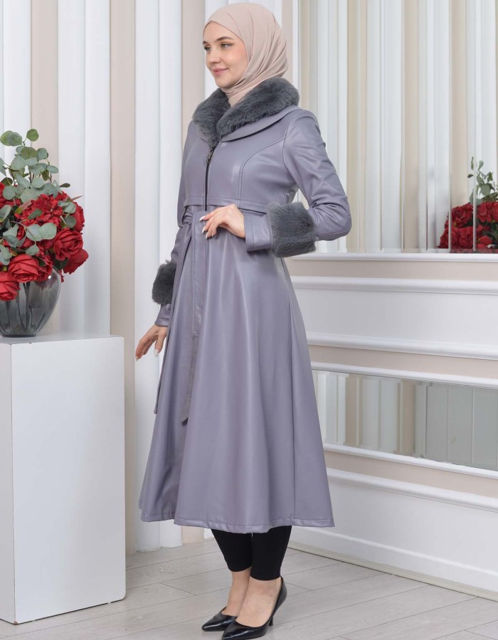 HOODED FUR SLEEVE BELT LEATHER TRENCH COAT 1350 - gray