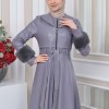 HOODED FUR SLEEVE BELT LEATHER TRENCH COAT 1350 - gray