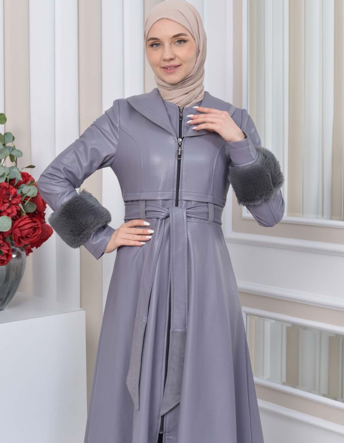 HOODED FUR SLEEVE BELT LEATHER TRENCH COAT 1350 - gray