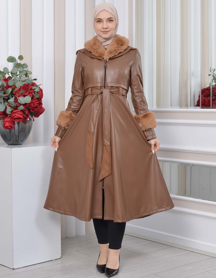 HOODED FUR SLEEVE BELT LEATHER TRENCH COAT 1350 taba