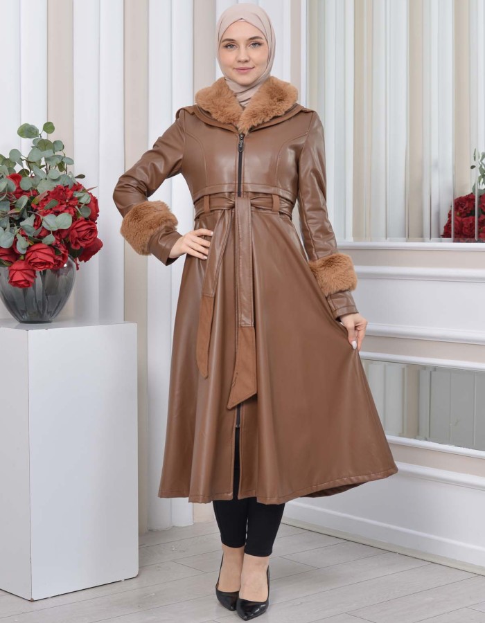 HOODED FUR SLEEVE BELT LEATHER TRENCH COAT 1350 taba