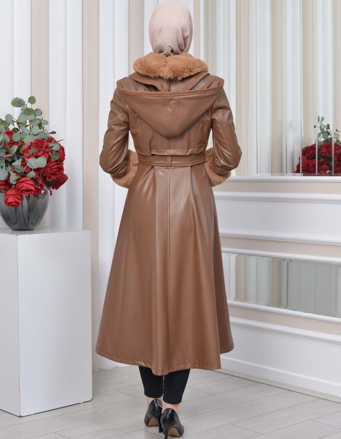 HOODED FUR SLEEVE BELT LEATHER TRENCH COAT 1350 taba