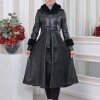 HOODED FUR SLEEVE BELT LEATHER TRENCH COAT 1350 - black