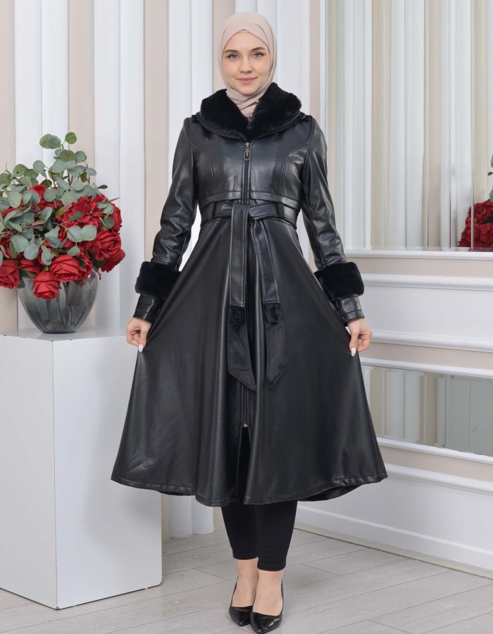 HOODED FUR SLEEVE BELT LEATHER TRENCH COAT 1350 - black