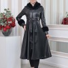 HOODED FUR SLEEVE BELT LEATHER TRENCH COAT 1350 - black