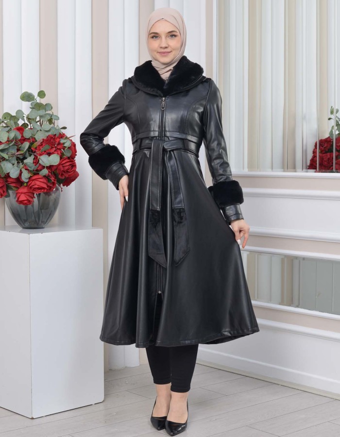 HOODED FUR SLEEVE BELT LEATHER TRENCH COAT 1350 - black