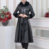 HOODED FUR SLEEVE BELT LEATHER TRENCH COAT 1350 - black