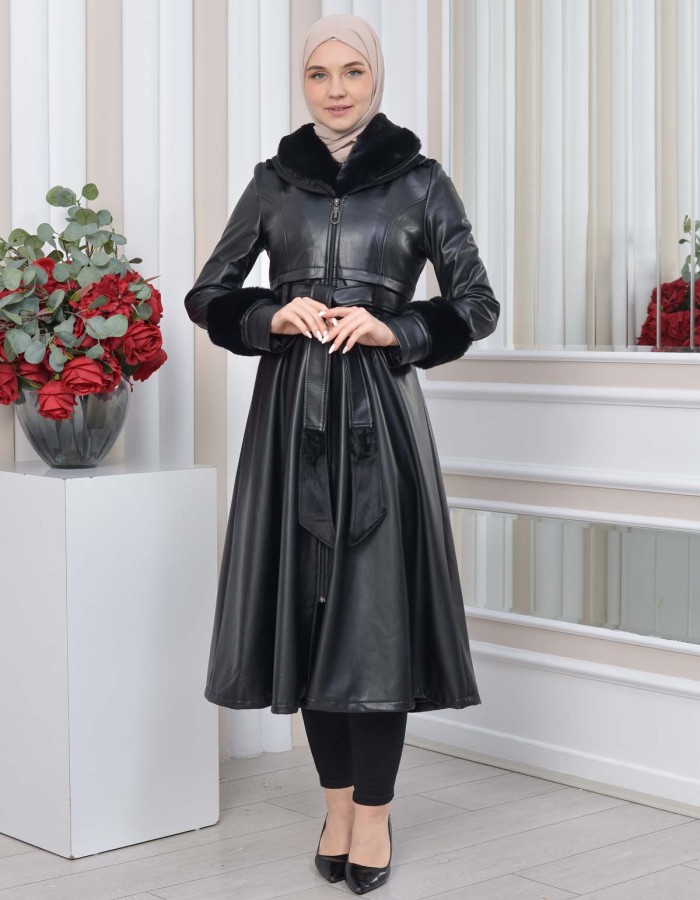 HOODED FUR SLEEVE BELT LEATHER TRENCH COAT 1350 - black