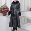 HOODED FUR SLEEVE BELT LEATHER TRENCH COAT 1350 - black
