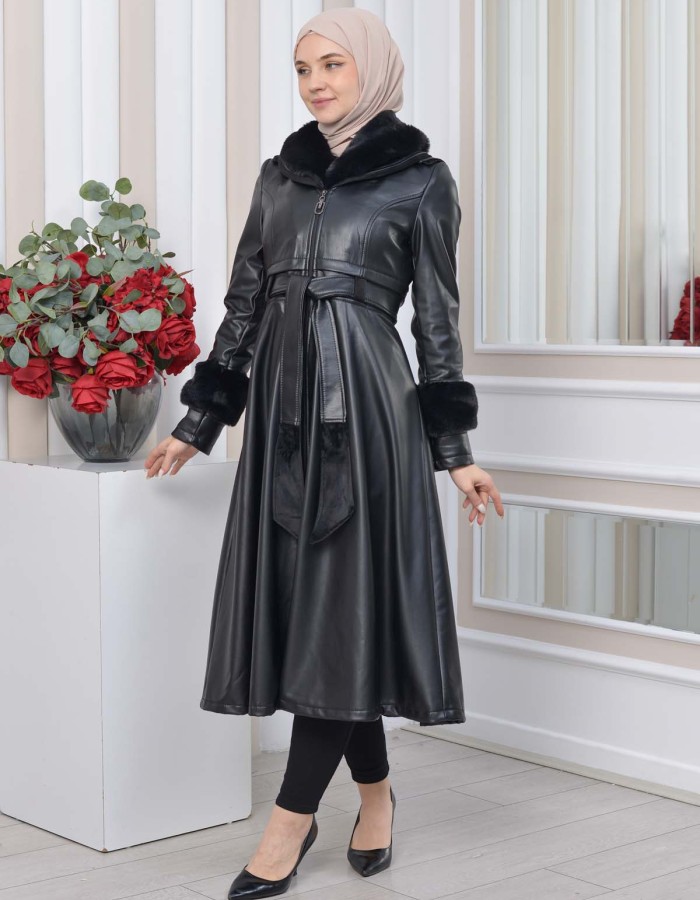 HOODED FUR SLEEVE BELT LEATHER TRENCH COAT 1350 - black