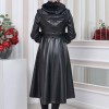 HOODED FUR SLEEVE BELT LEATHER TRENCH COAT 1350 - black
