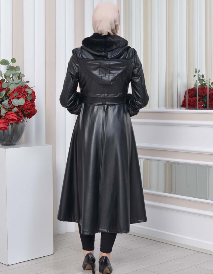 HOODED FUR SLEEVE BELT LEATHER TRENCH COAT 1350 - black
