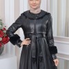 HOODED FUR SLEEVE BELT LEATHER TRENCH COAT 1350 - black