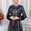 HOODED FUR SLEEVE BELT LEATHER TRENCH COAT 1350 - black