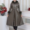 HOODED FUR SLEEVE BELT LEATHER TRENCH COAT 1350 Haki