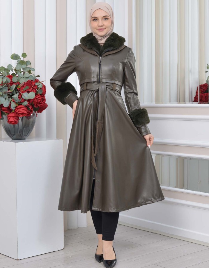 HOODED FUR SLEEVE BELT LEATHER TRENCH COAT 1350 Haki