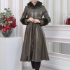 HOODED FUR SLEEVE BELT LEATHER TRENCH COAT 1350 Haki