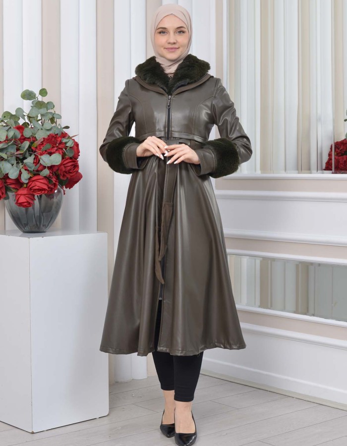 HOODED FUR SLEEVE BELT LEATHER TRENCH COAT 1350 Haki